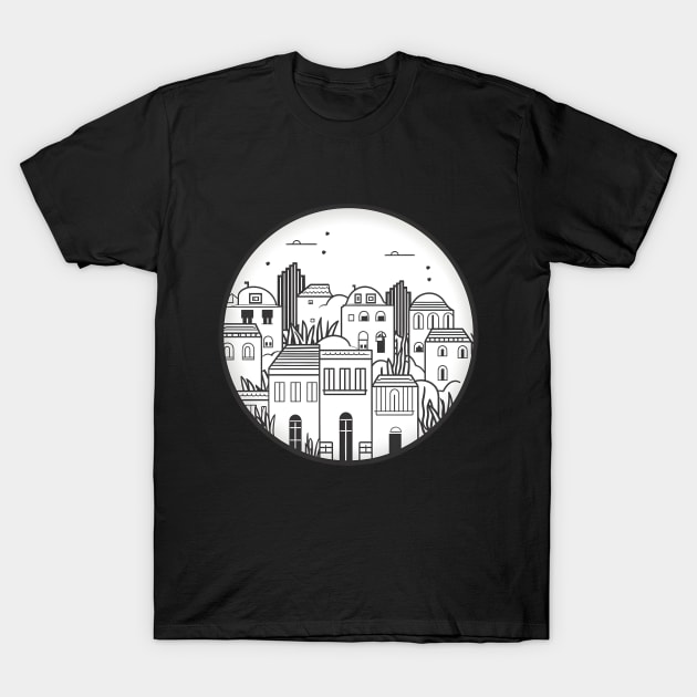 Simplistic Monochrome Mediterranean Village Illustration T-Shirt by AIHRGDesign